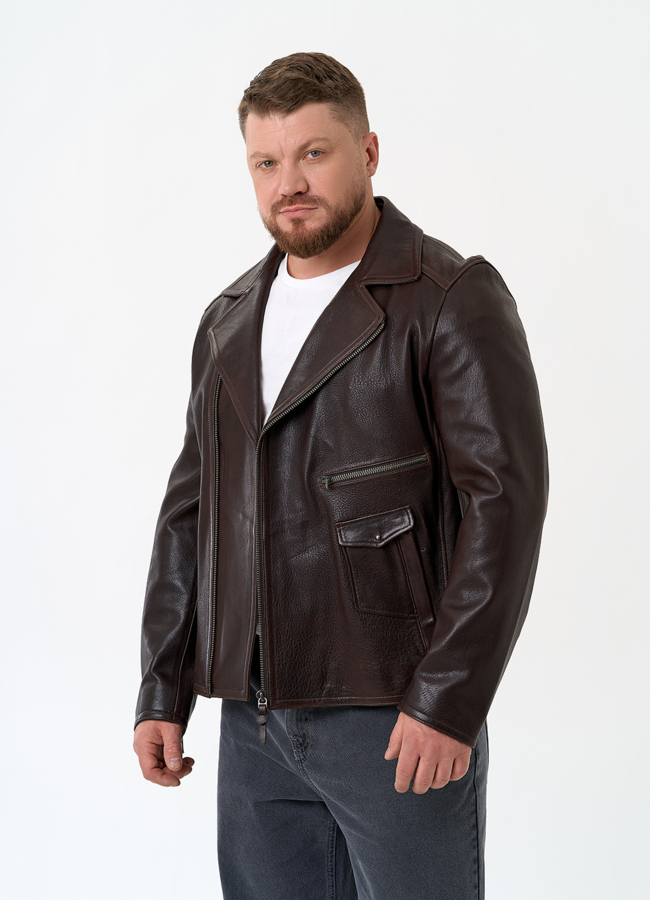 Мужская куртка косуха из натуральной кожи модель № 32863 меха малина