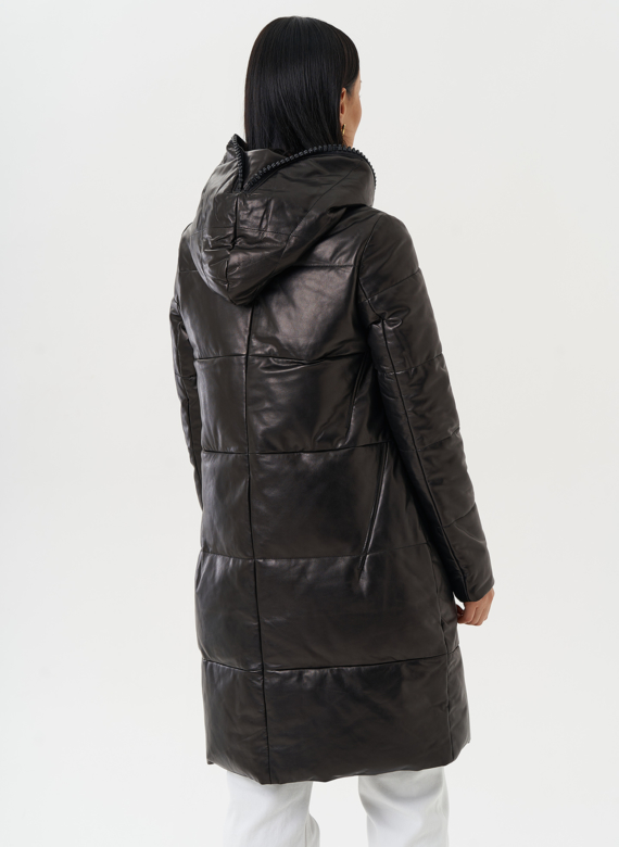 Кожаный пуховик с капюшоном