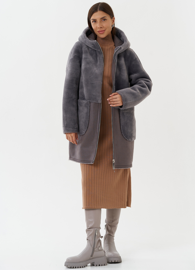 Двухсторонняя эко дубленка с капюшоном модель № 27764 универмаг малина