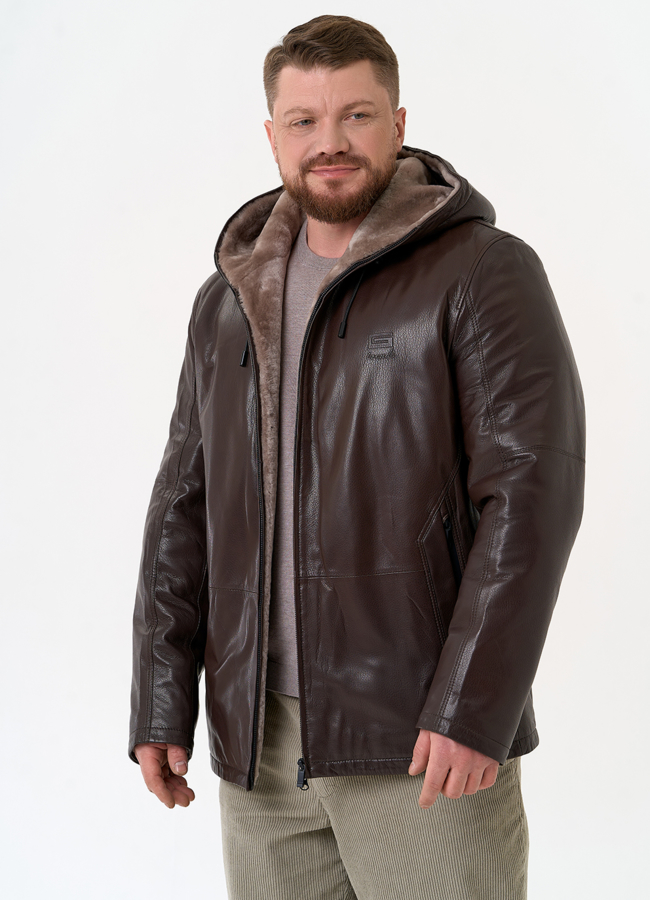 Мужская дубленка коричневого цвета с капюшоном модель № 31777 универмаг малина