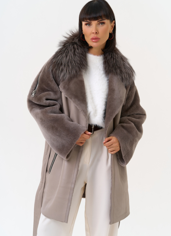 Женская натуральная дубленка с воротником из меха лисы