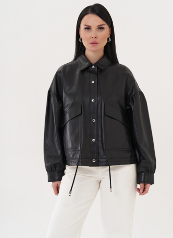Кожаная куртка "бомбер" с кулиской по низу