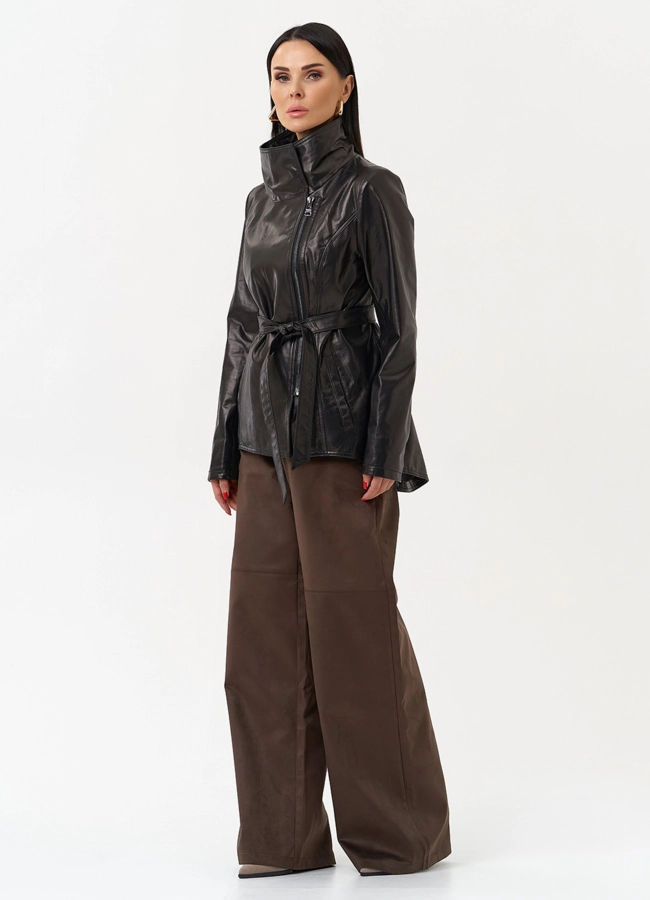 Удлиненная куртка из натуральной кожи с поясом модель № 10703 в рассрочку