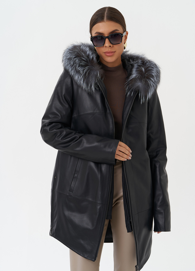 Утепленное полупальто из натуральной кожи с капюшоном  модель № 20201 меха малина