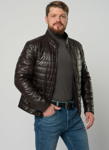 Мужская  утепленная куртка из натуральной кожи коричневого цвета