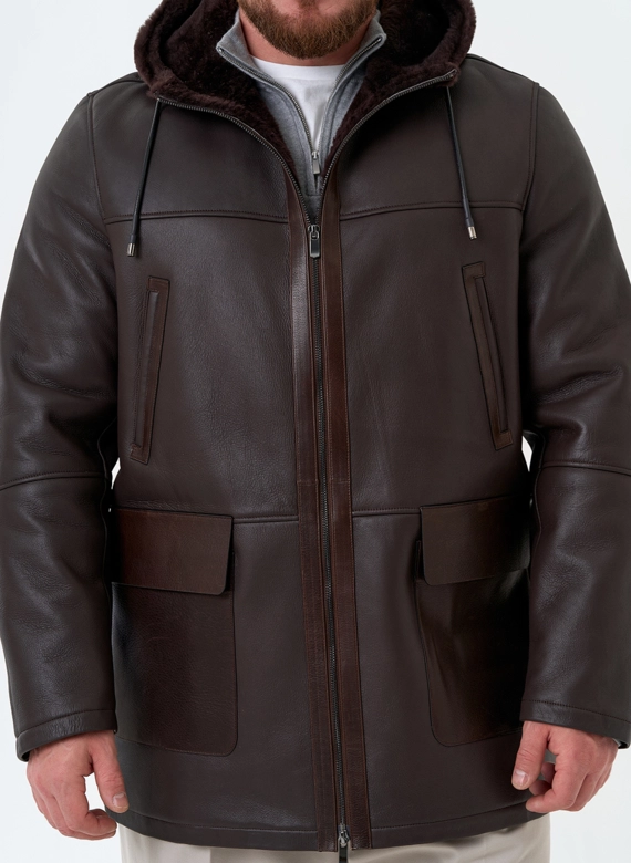 Мужская натуральная дубленка с капюшоном
