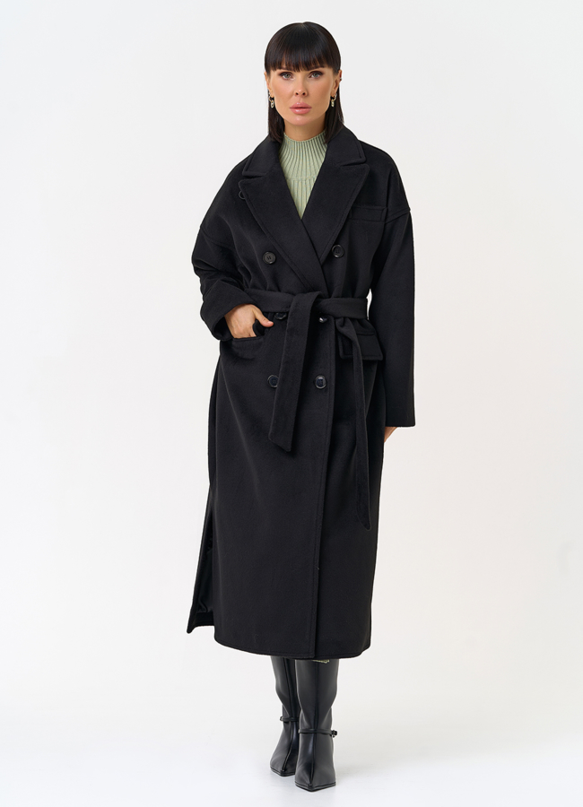 Женское двубортное пальто черного цвета модель № 31623 меха малина