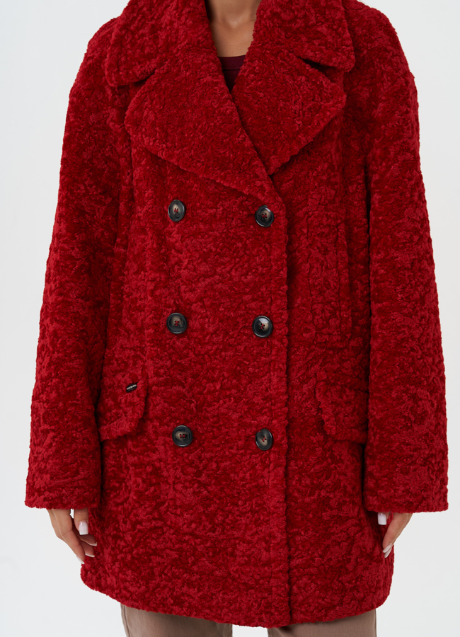 Яркое двубортное пальто с английским воротником модель № 28312 универмаг малина