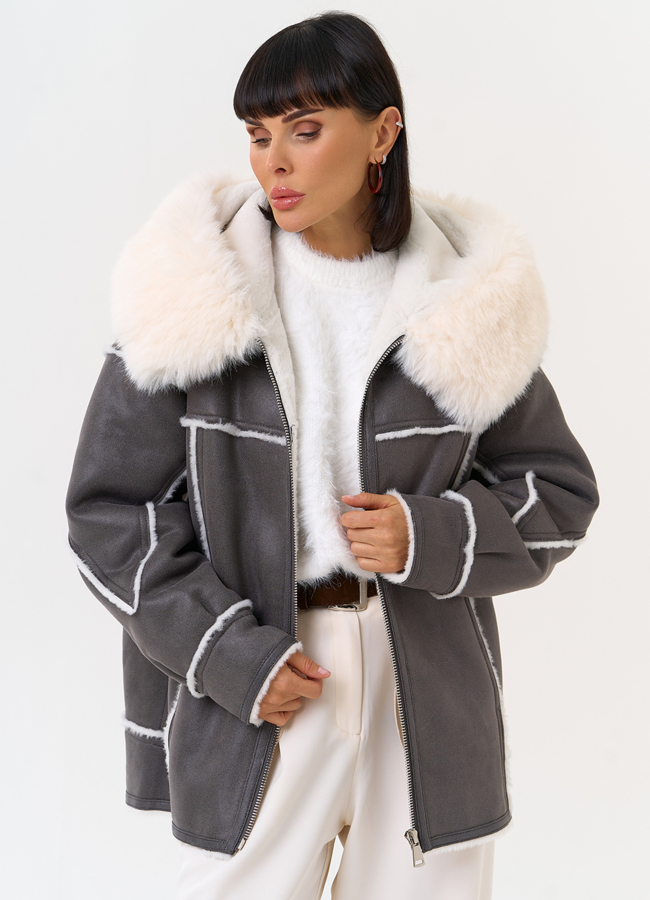 Женская дубленка из эко замши с капюшоном из эко меха модель № 31505 универмаг малина