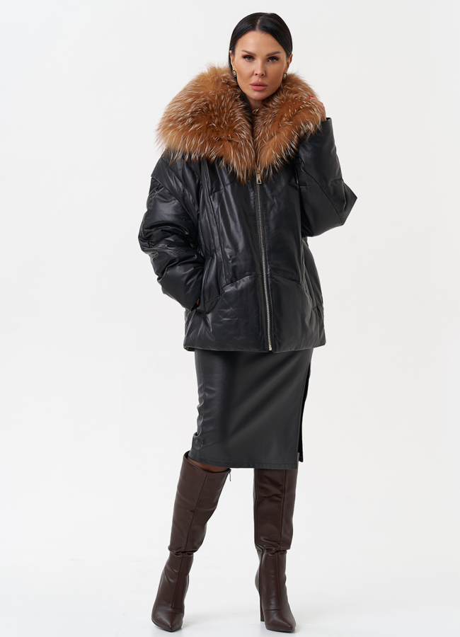 фото Женский кожаный пуховик с отделкой из натурального меха модель № 28911