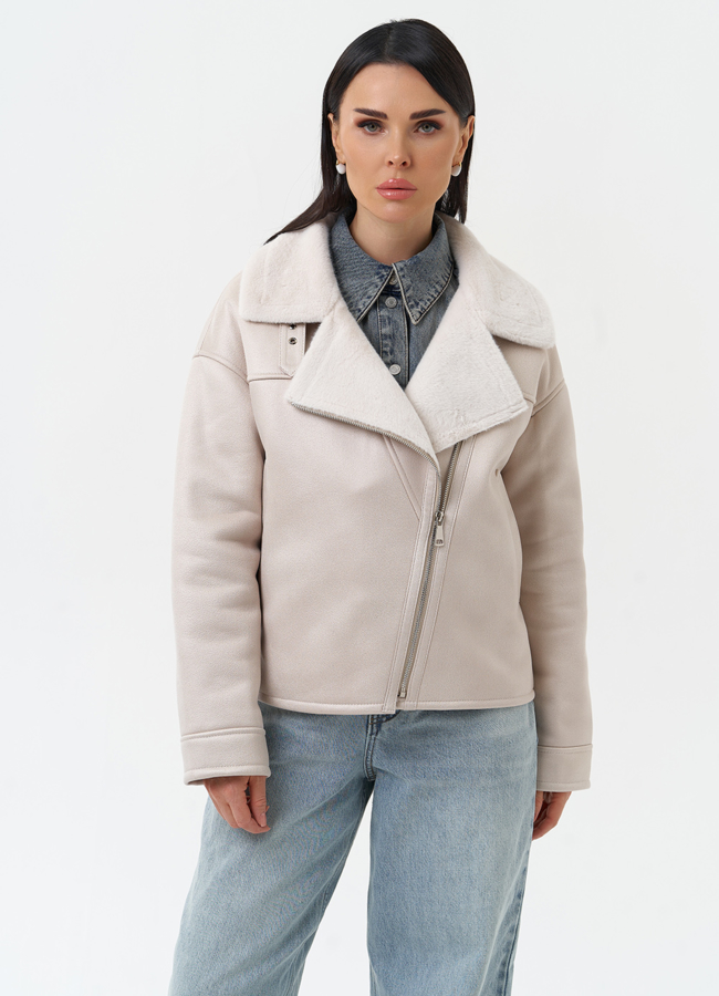 Короткая дубленка из эко замши модель № 30206 меха малина