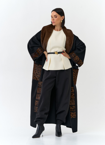 Женское длинное пальто с воротником из меха норки