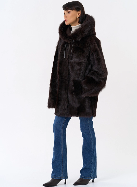 Женская двухсторонняя дубленка с капюшоном