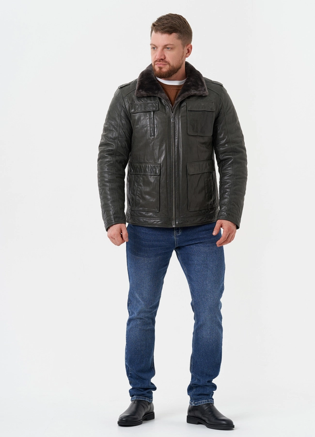 Мужская утепленная кожаная куртка  модель № 28074 универмаг малина