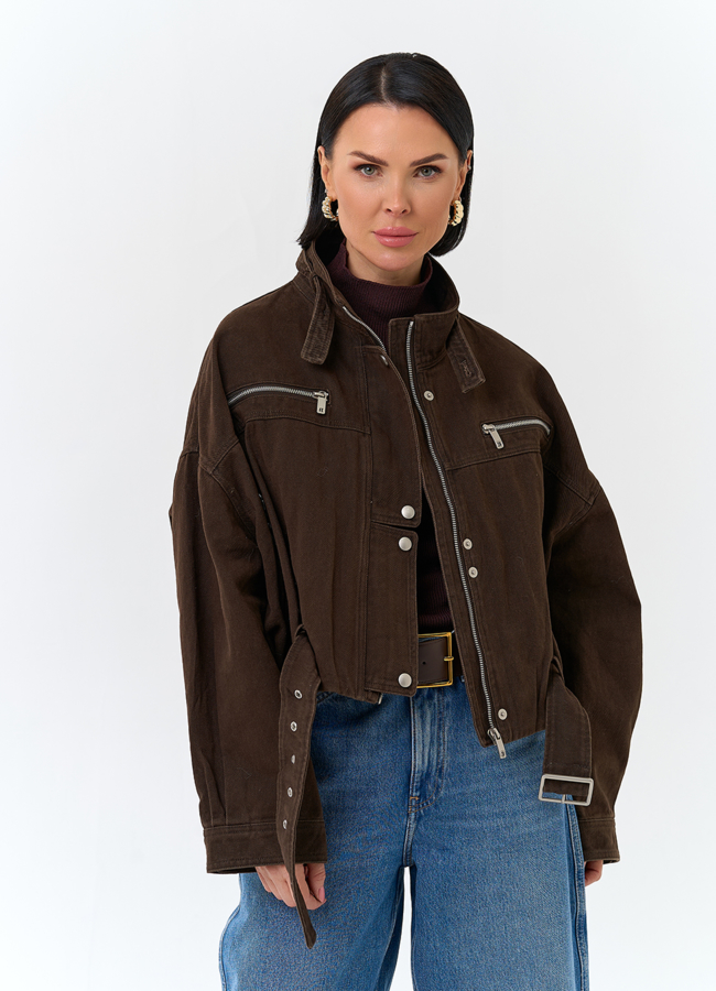 Женская короткая джинсовая куртка модель № 32825 меха малина