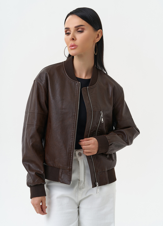 Куртка бомбер из эко кожи коричневого цвета модель № 30301 универмаг малина