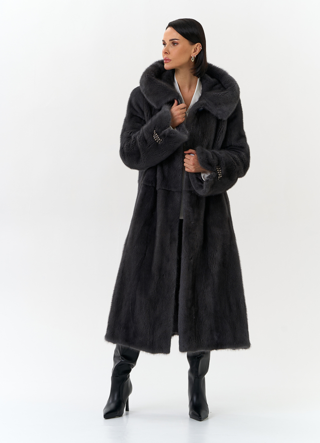Женская шуба из меха норки с капюшоном модель № 32108 универмаг малина