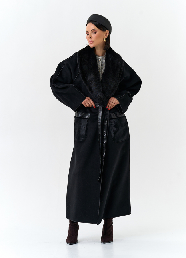 Женское длинное пальто с воротником из меха норки модель № 32648 меха малина