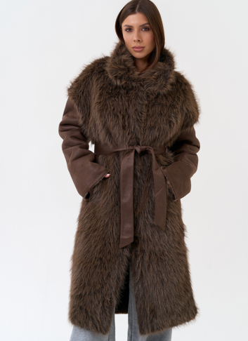 Женская дубленка из эко замши с отделкой из эко меха