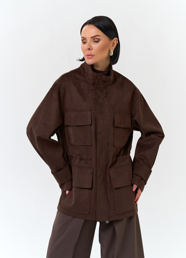 Женская куртка парка из эко замши  модель № 32735 меха малина