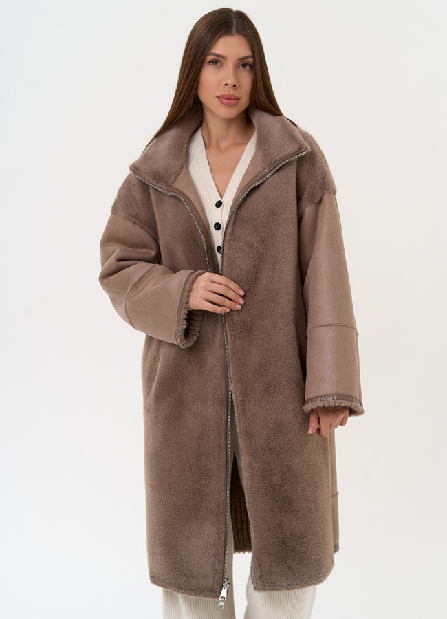 фото Женская двухсторонняя дубленка из эко замши с воротником стойкой модель № 31415