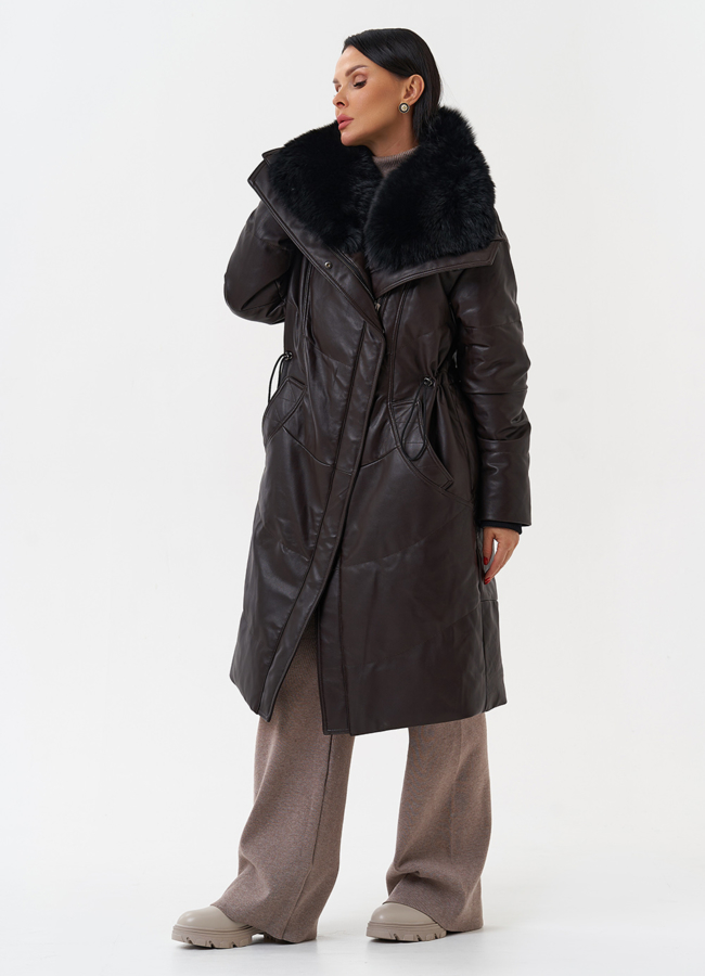 Женский кожаный пуховик с отделкой из натурального меха модель № 28918 универмаг малина