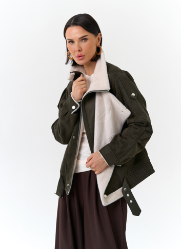 Женская дубленка бомбер из эко замши