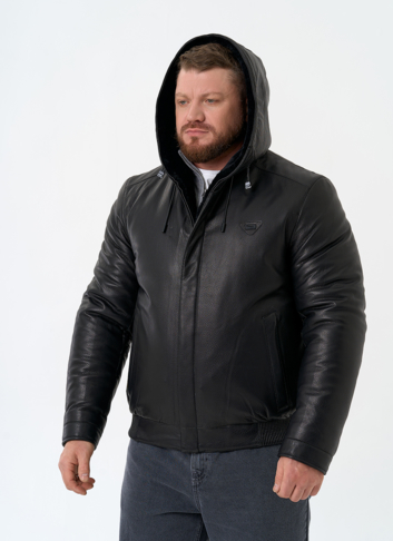 Мужской пуховик из натуральной кожи с капюшоном