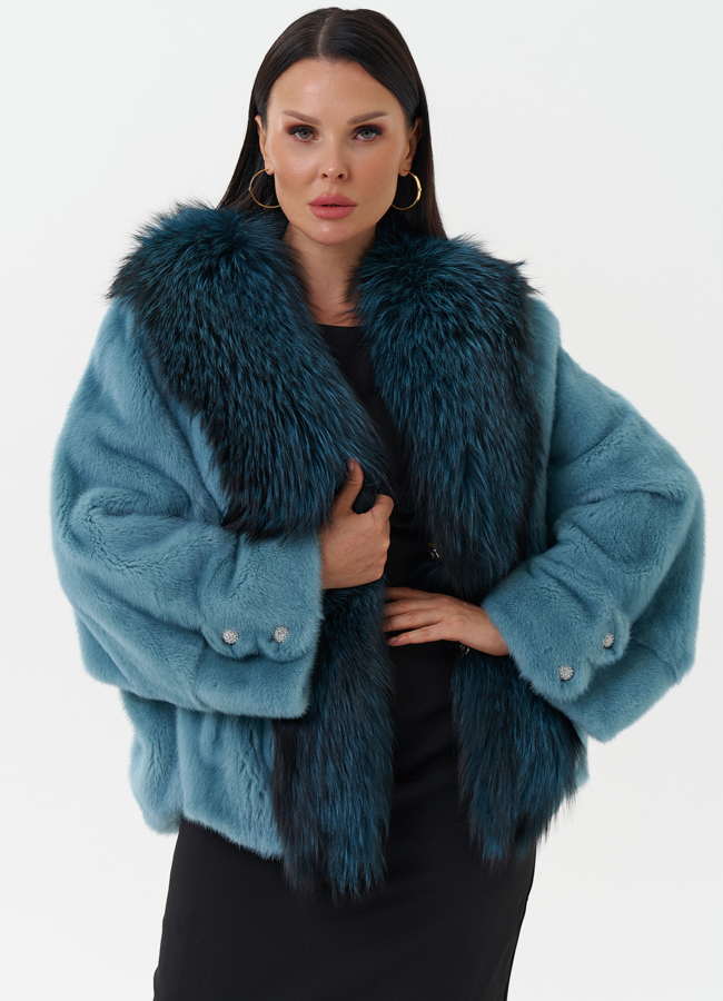 Короткая шуба из норки с мехом из чернобурки  модель № 25474 меха малина