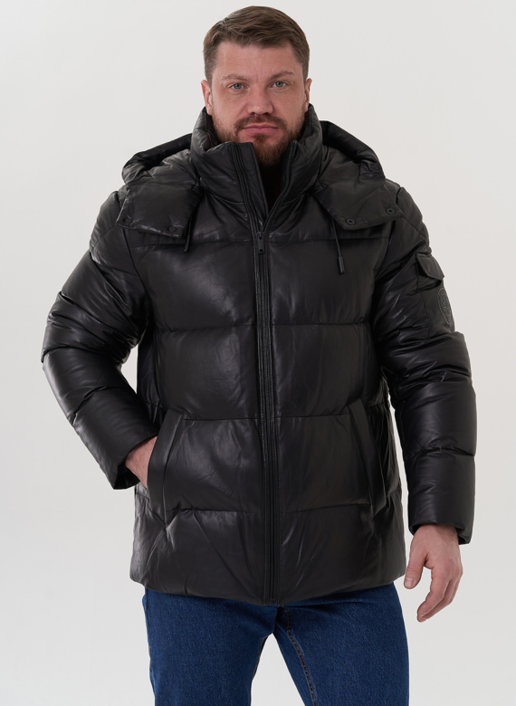 Пуховик из натуральной кожи с капюшоном