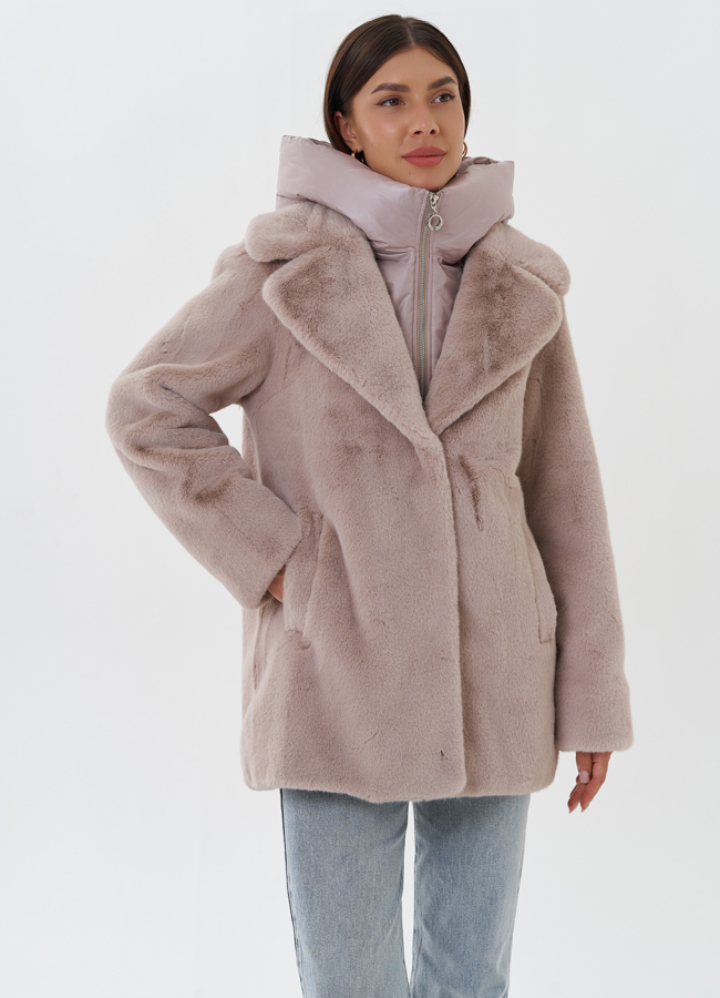 Женский пуховик из эко меха с манишкой модель № 27747 меха малина