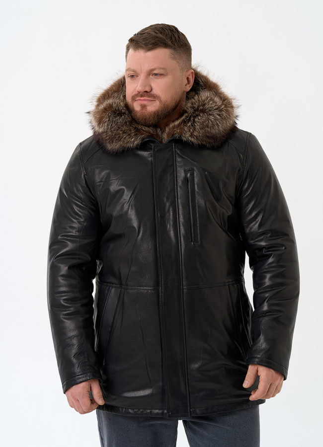 Мужская натуральная дубленка на волке с отделкой из меха енота модель № 26231 универмаг малина