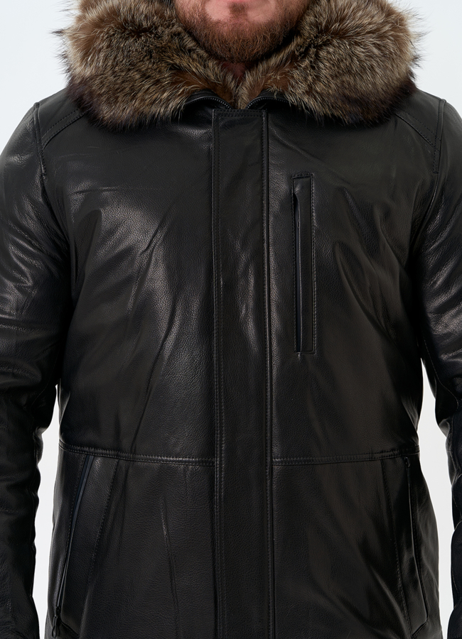 Мужская натуральная дубленка на волке с отделкой из меха енота модель № 26231 универмаг малина