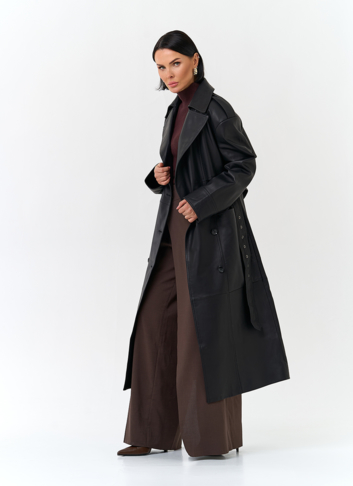 Женский плащ из натуральной кожи с поясом