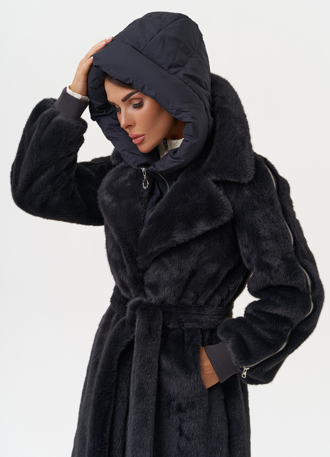 Длинная женская шуба из эко меха в цвете графит модель № 31236 в рассрочку