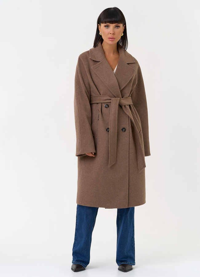 Женское двубортное пальто с поясом  модель № 31418 меха малина