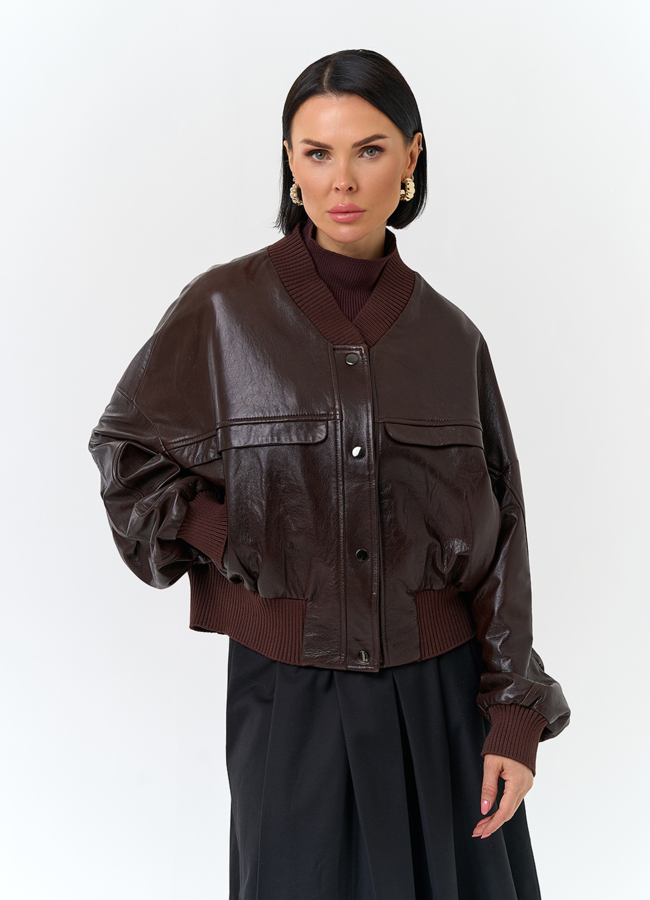 Женская куртка из натуральной кожи модель № 32673 меха малина