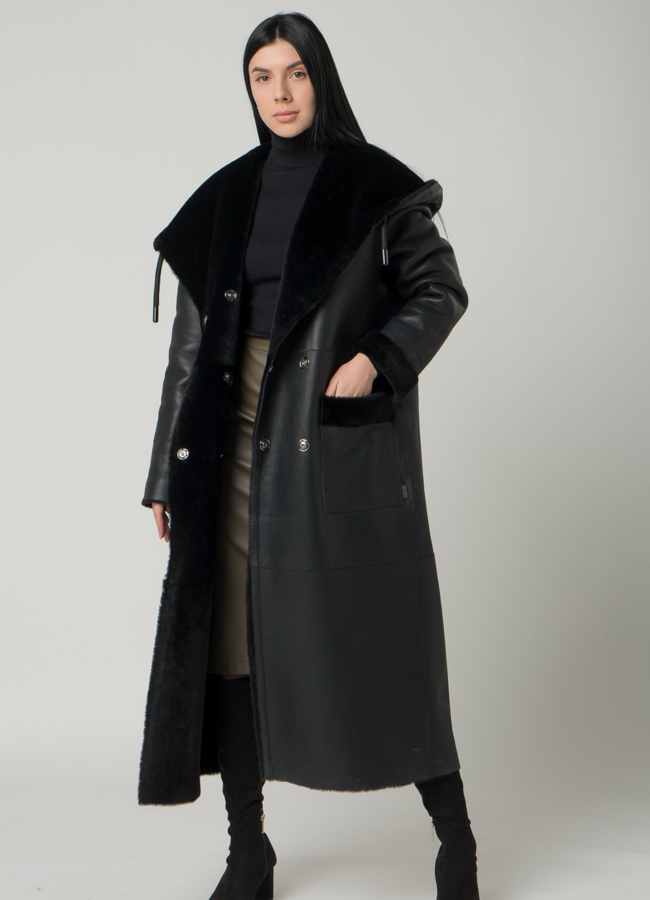 Удлиненная женская дубленка с капюшоном модель № 79587 универмаг малина