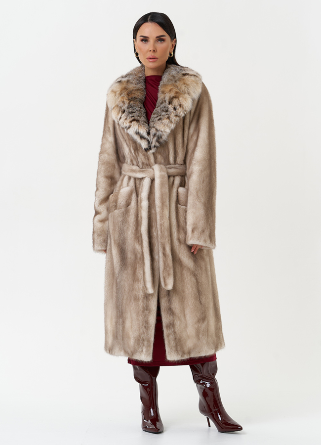 фото Женская шуба из меха норки с воротником из меха рыси модель № 30669