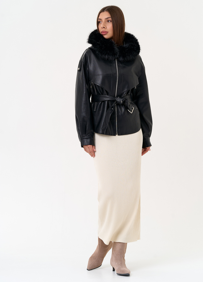 Женская утепленная куртка из эко кожи с поясом модель № 31494 в рассрочку