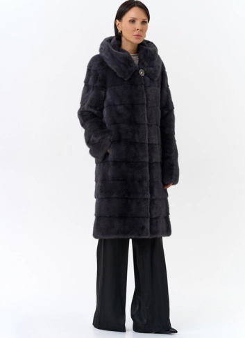 Норковая шуба в цвете графит с капюшоном  фото