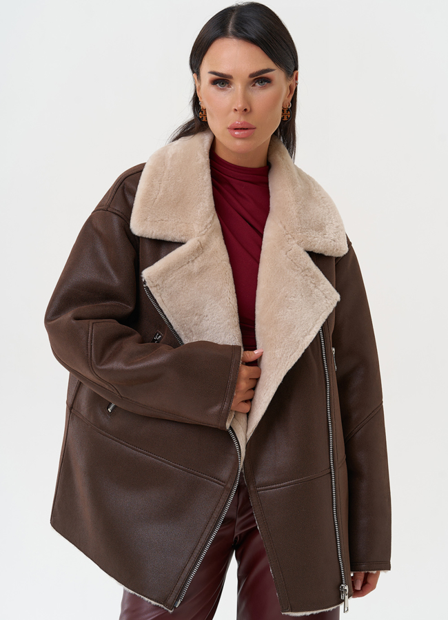 Женская дубленка из эко замши с воротником модель № 31285 универмаг малина