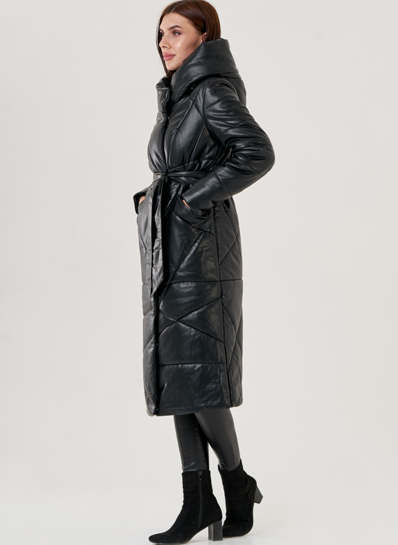 Черный длинный пуховик из эко кожи Malina Siberian