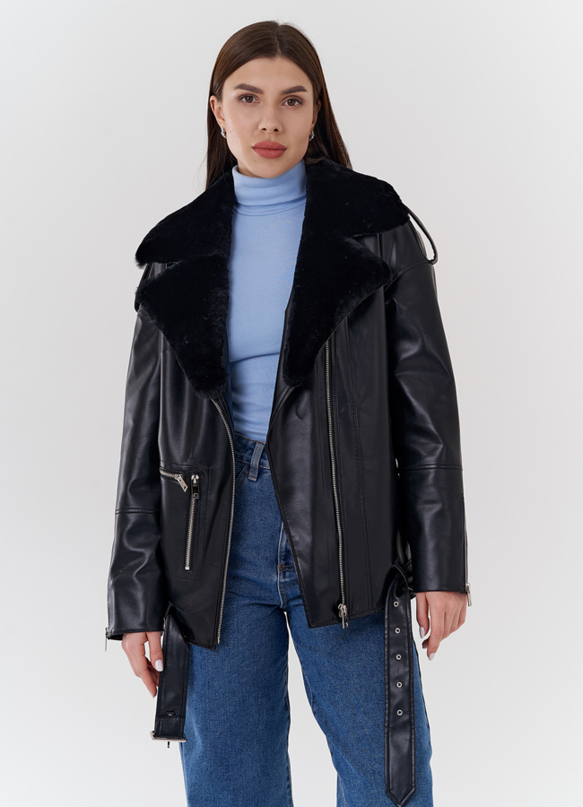 Куртка-косуха из эко кожи на утеплителе с натуральным мутоном модель № 24213 универмаг малина