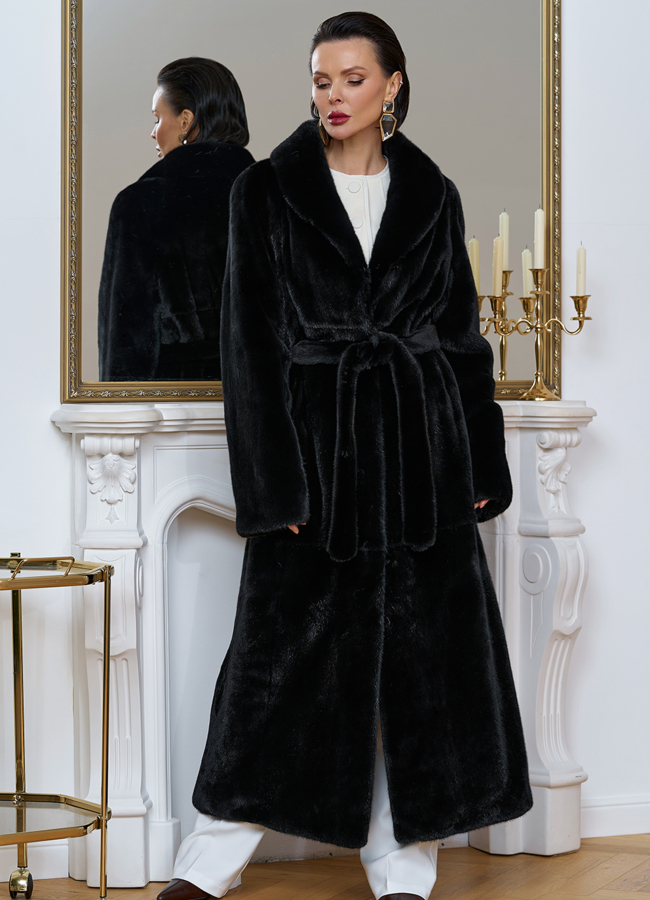 фото Длинная шуба из меха норки с воротником шаль модель № 32046