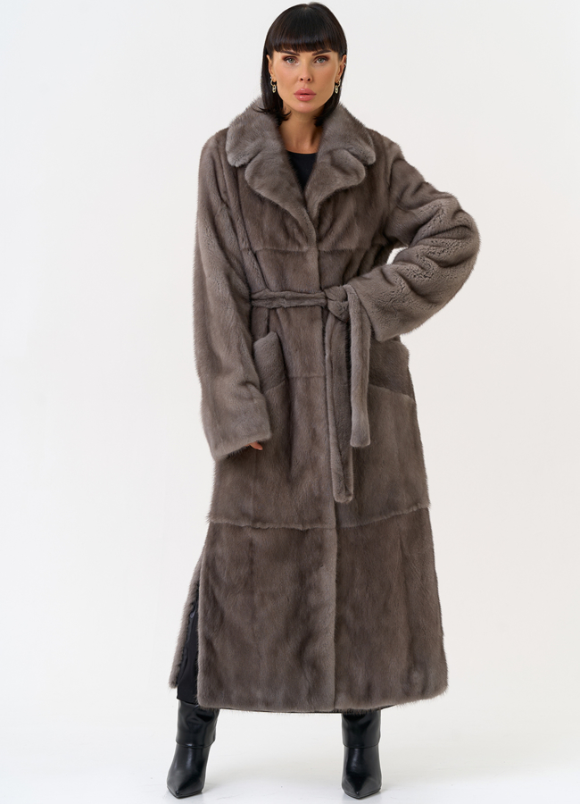 Длинная шуба из меха норки с английским воротником модель № 31598 меха малина