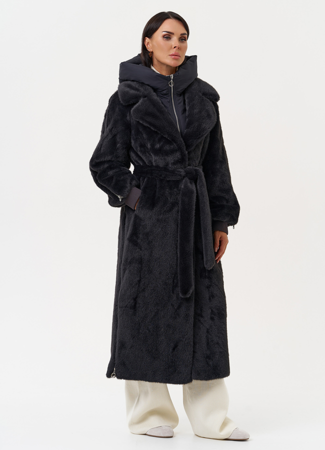 Длинная женская шуба из эко меха в цвете графит модель № 31236 меха малина