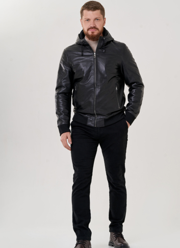 Мужская кожаная куртка с капюшоном 